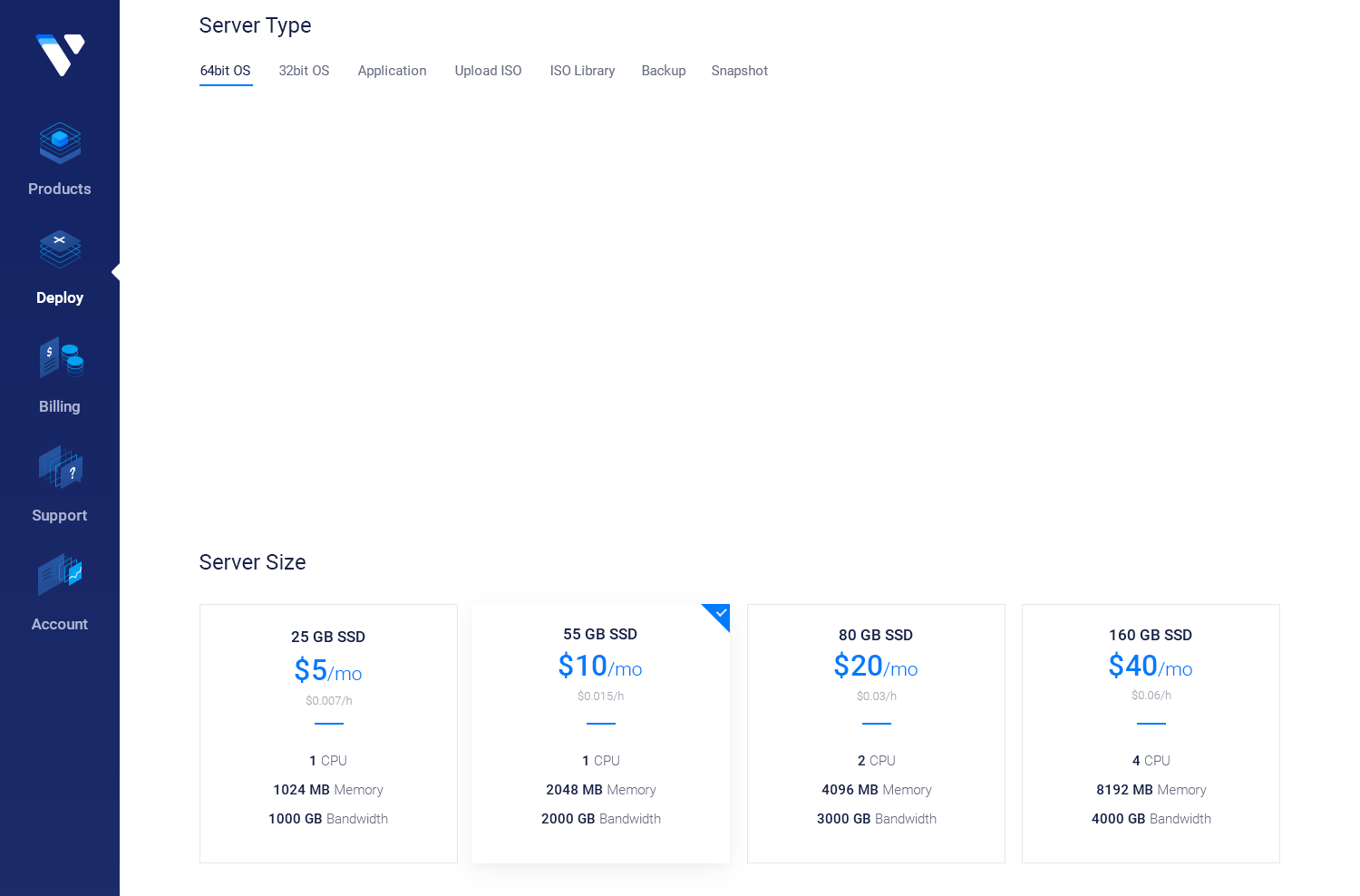 Preview of the Vultr server deploy page control panel for FreeBSD on a web browser.
